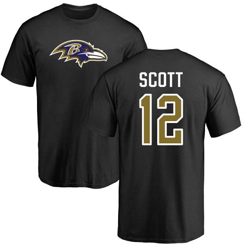 Men Baltimore Ravens Black Jaleel Scott Name and Number Logo NFL Football #12 T Shirt->nfl t-shirts->Sports Accessory
